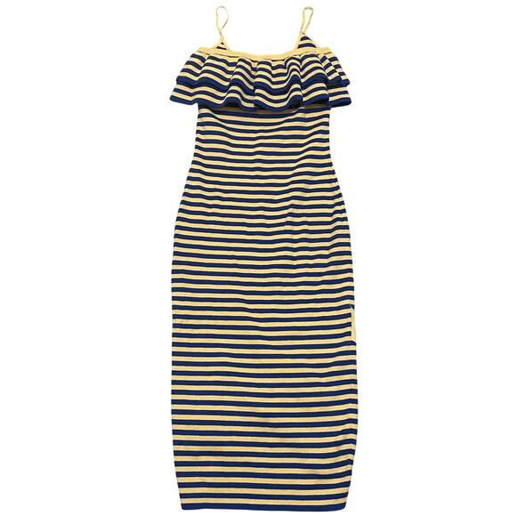 Victor Glemaud Women's XS Blue Yellow Stripped Midi Ruffle Neckline Sheath Dress - Picture 1 of 5